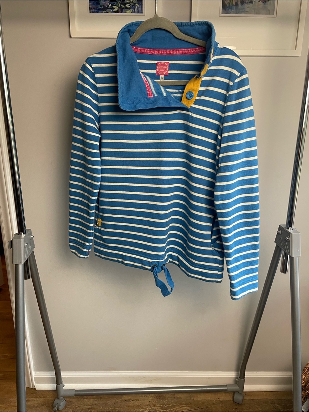 Joules Blue and White Striped Funnel-Neck Pullover with Yellow Button Tab